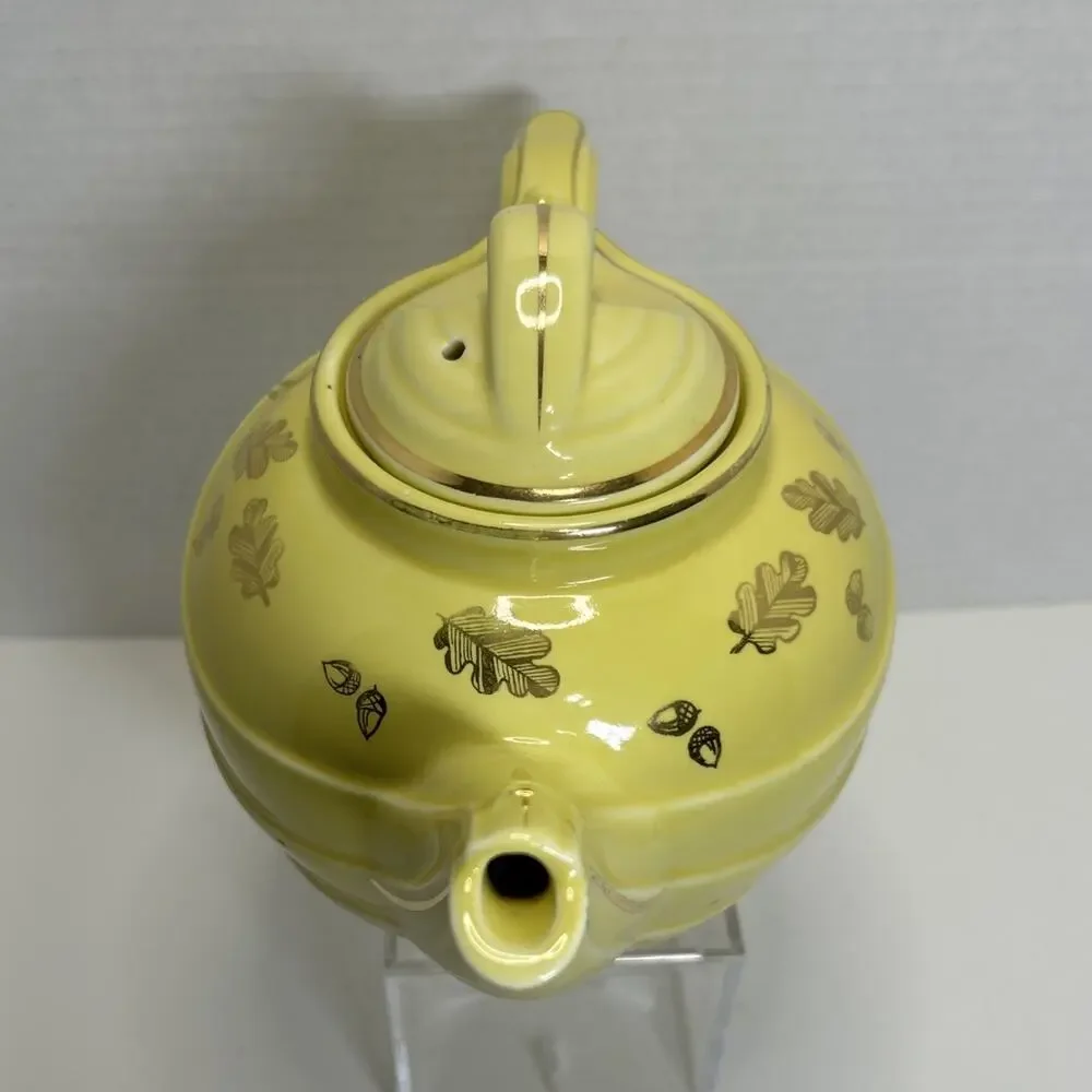 Vtg HALL 6 Cup Teapot Parade Yellow w/ Gold Acorn Oak Leaf Design Ceramic 0799